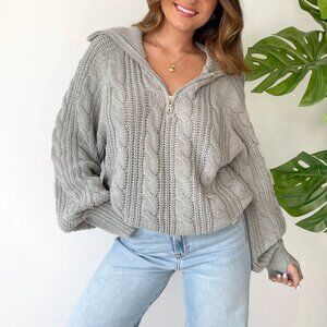 NWT Womens Grey Bandit. Let's Cuddle Chunky Cable Knit Zip Cardigan Sweater M